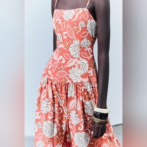 NWT ZARA Cotton Blend Printed Midi Dress ZW Collection Coral 2183/065 Sz S, M